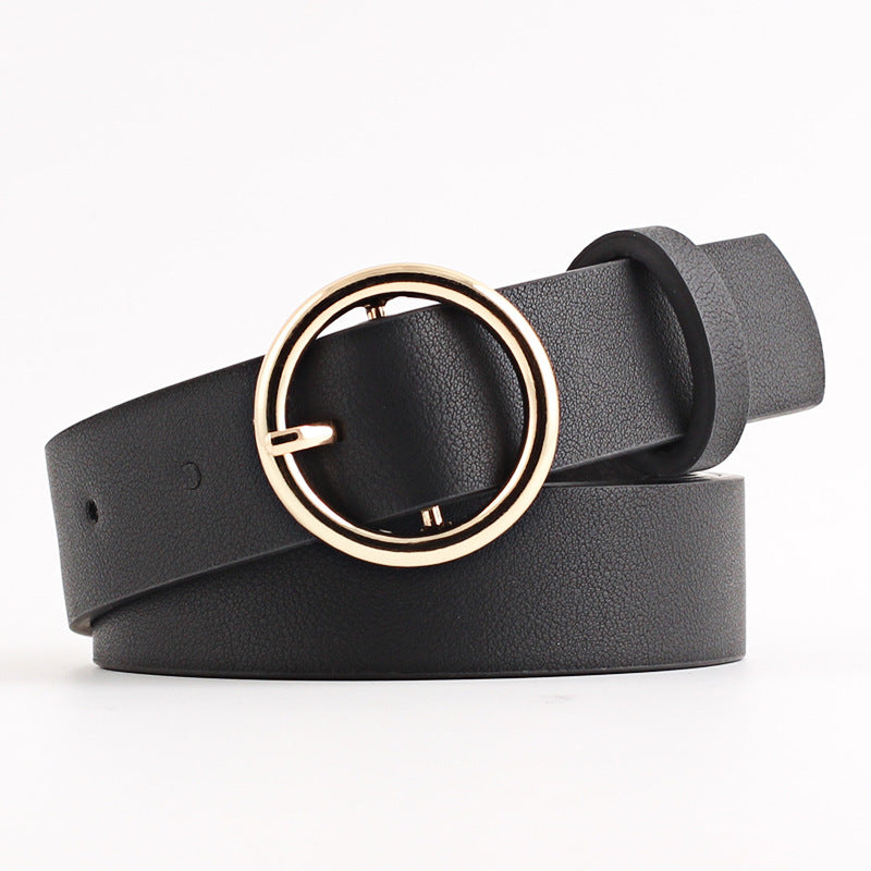 Vegan Leather Belt With Round Gold Buckle